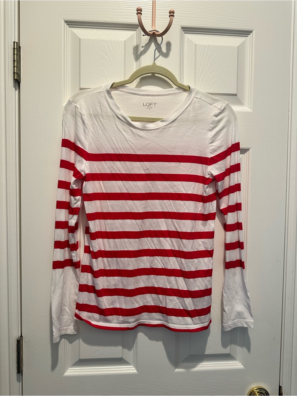 LOFT White Long Sleeve Tee with Red Stripes six